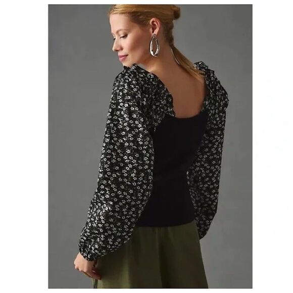 Anthropologie Ruffle Sleeve Sweater Top Womens Sz L Black Floral Long Sleeve - Picture 2 of 12